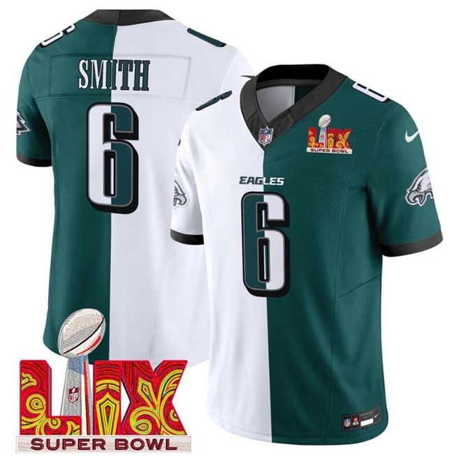 Men's Philadelphia Eagles #6 DeVonta Smith White/Green Split 2025 Super Bowl LIX Patch F.U.S.E. Vapor Untouchable Limited Stitched Football Jersey Men's Philadelphia Eagles #6 DeVonta Smith White/Green Split 2025 Super Bowl LIX Patch F.U.S.E. Vapor Untouchable Limited Stitched Football Jersey